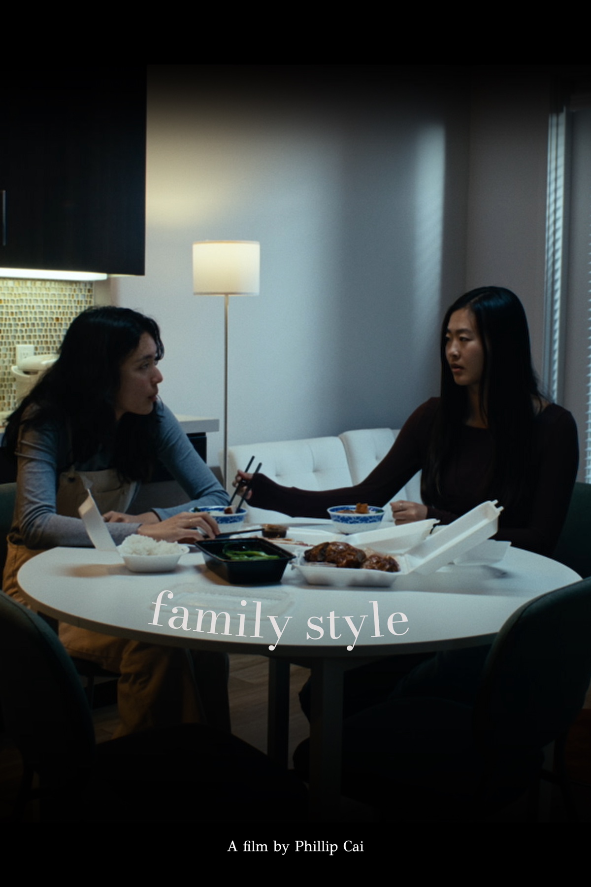 Poster for Family Style: two women eating takeout across a round dining table.